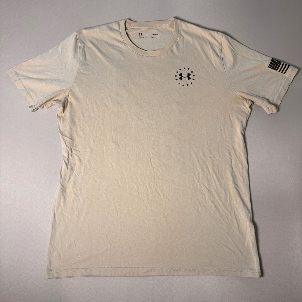 Under Armour Mens Freedom Flag Graphic T-Shirt Tan HeatGear Loose Fit Large